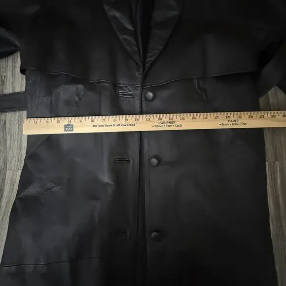 Liz Baker Essentials Black Genuine Leather Trench Coat Belted Long Jacket - Picture 5 of 5